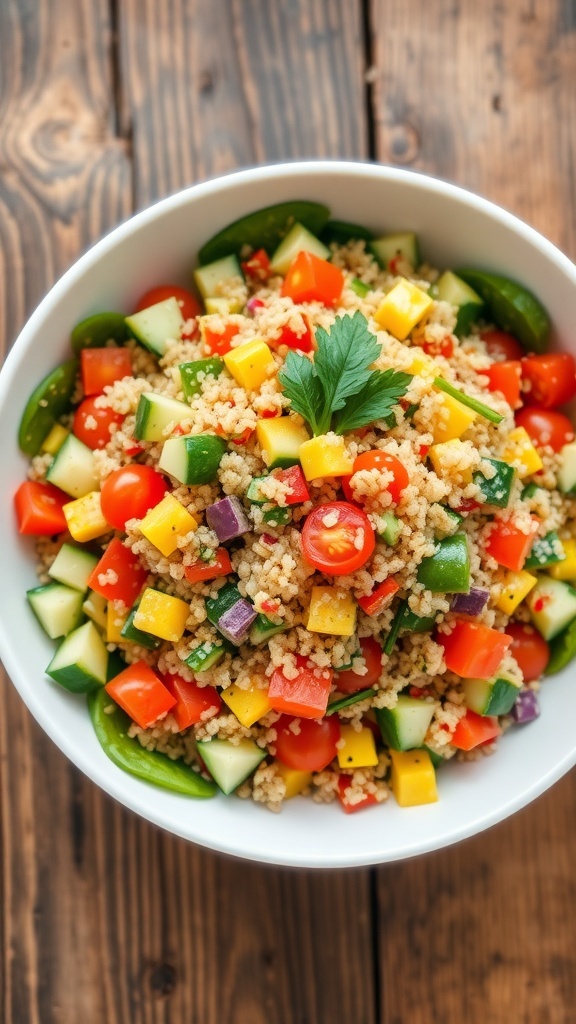 Refreshing Quinoa Salad for IBS Relief A colorful quinoa salad with cucumbers, bell peppers, cherry tomatoes, and spinach in a white bowl on a wooden table.